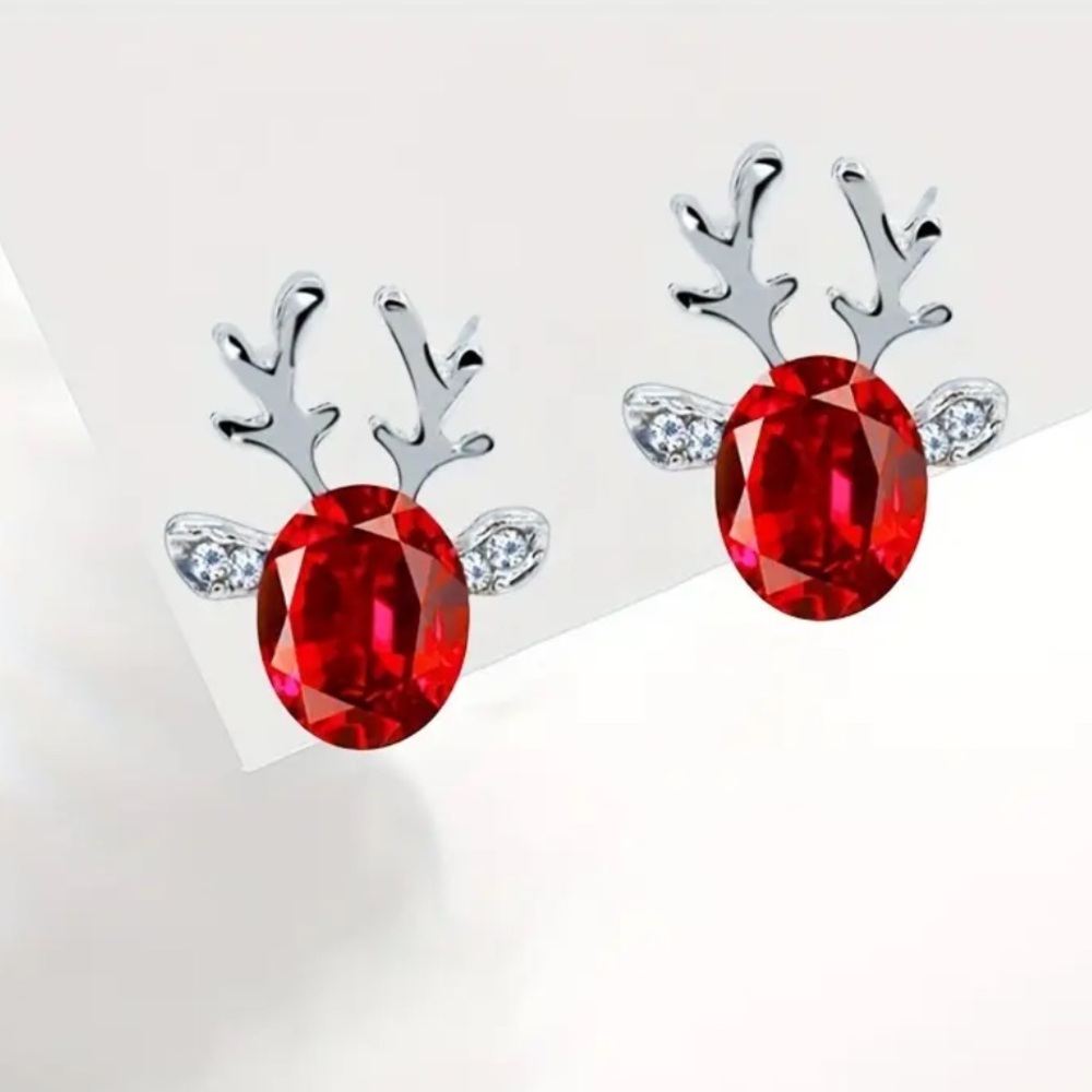 Exquisite Christmas 925s Sterling Silver Red Reindeer Earrings - Picture 4 of 6